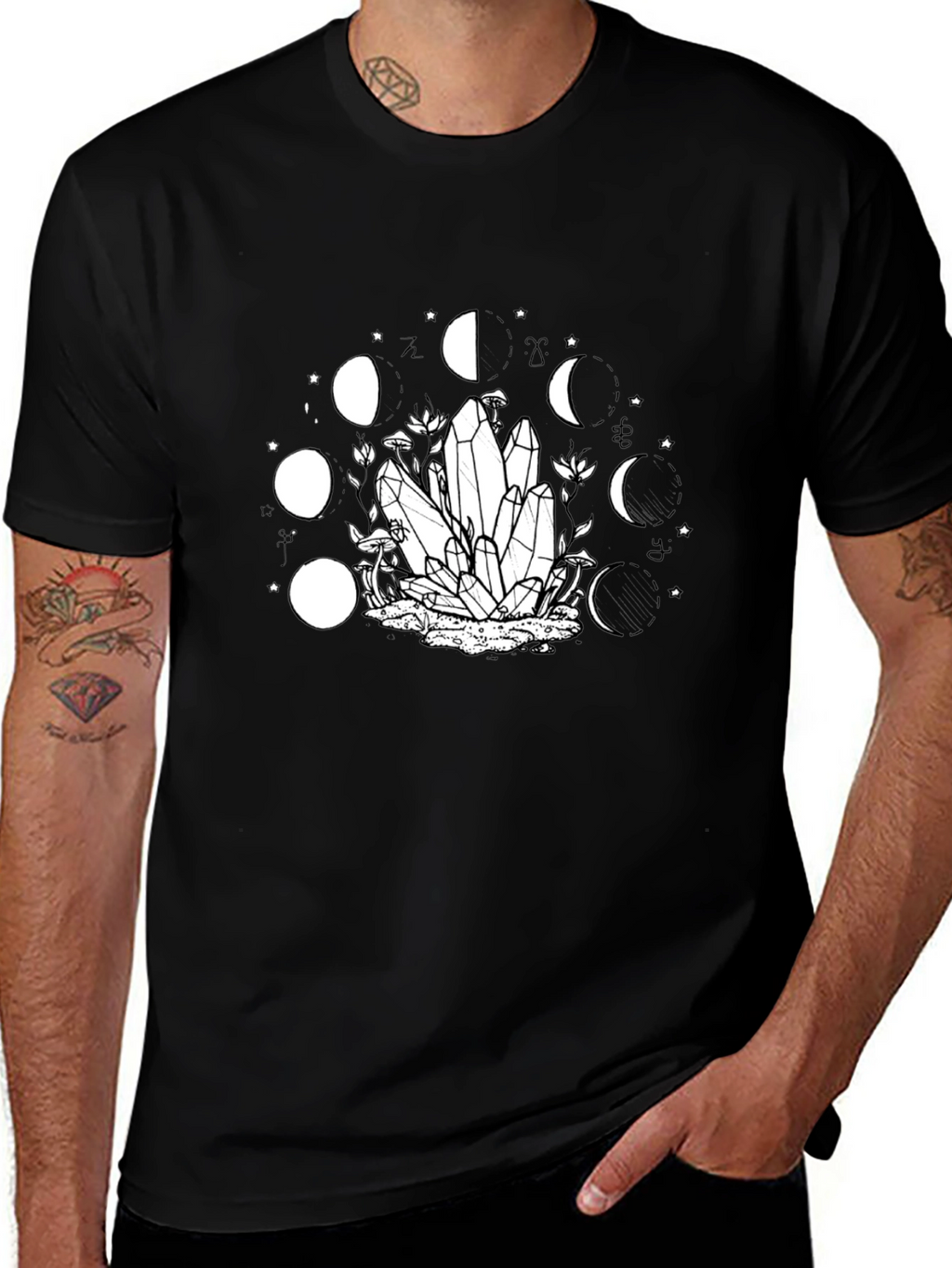Mystic Moon Phase Crystal Graphic Tee - Black