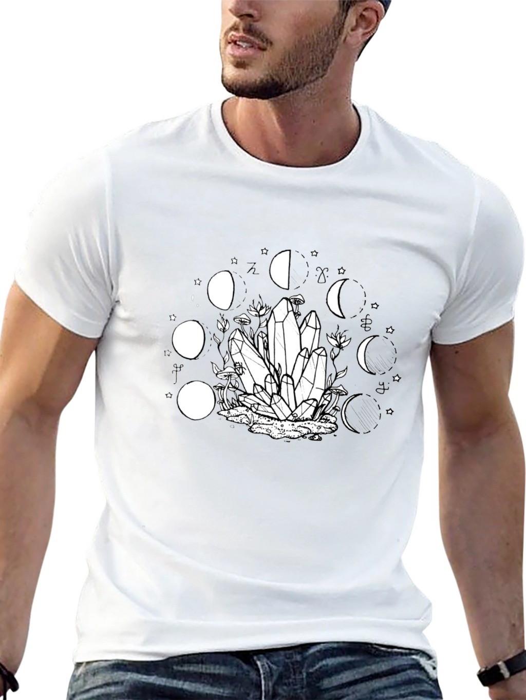 Mystic Moon Phase Crystal Graphic Tee - Black