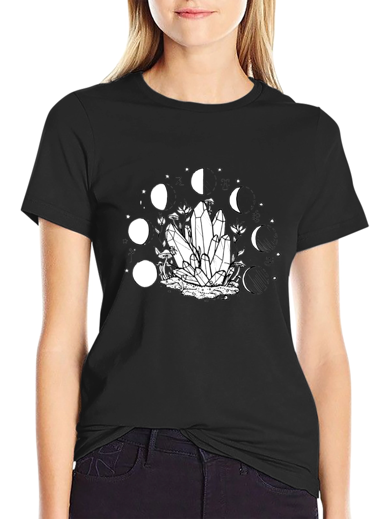 Mystic Moon Phase Crystal Graphic Tee - Black