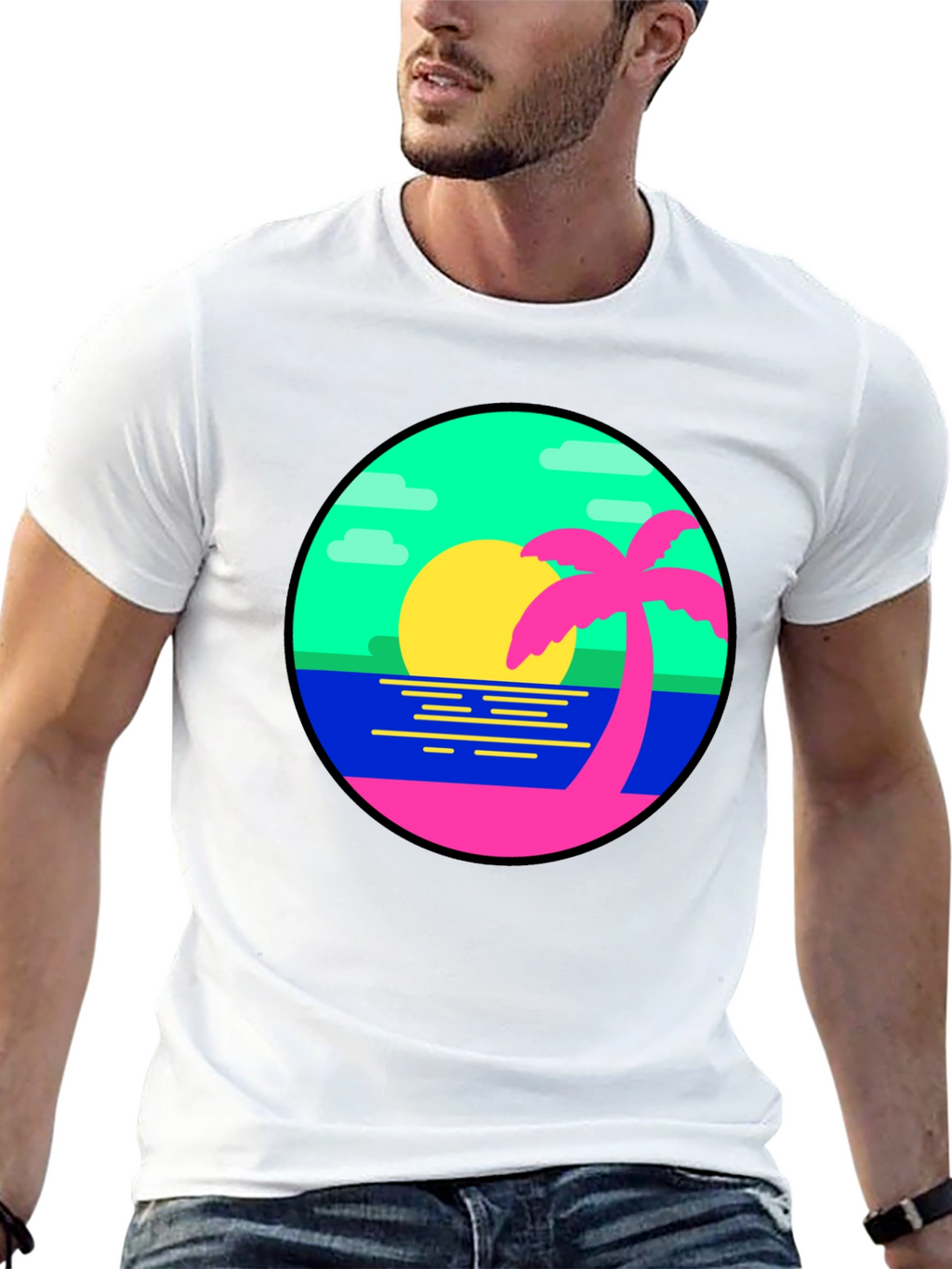 Retro Sunset Palm Tree Graphic Tee - Black