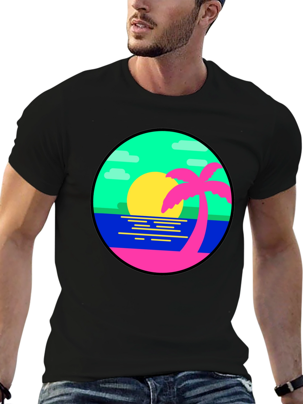 Retro Sunset Palm Tree Graphic Tee - Black