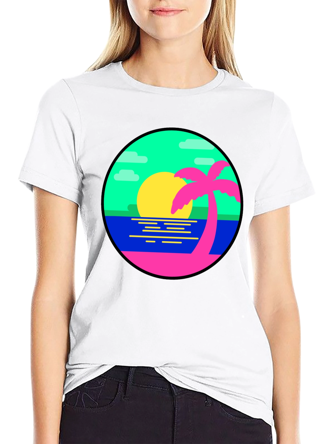Retro Sunset Palm Tree Graphic Tee - Black