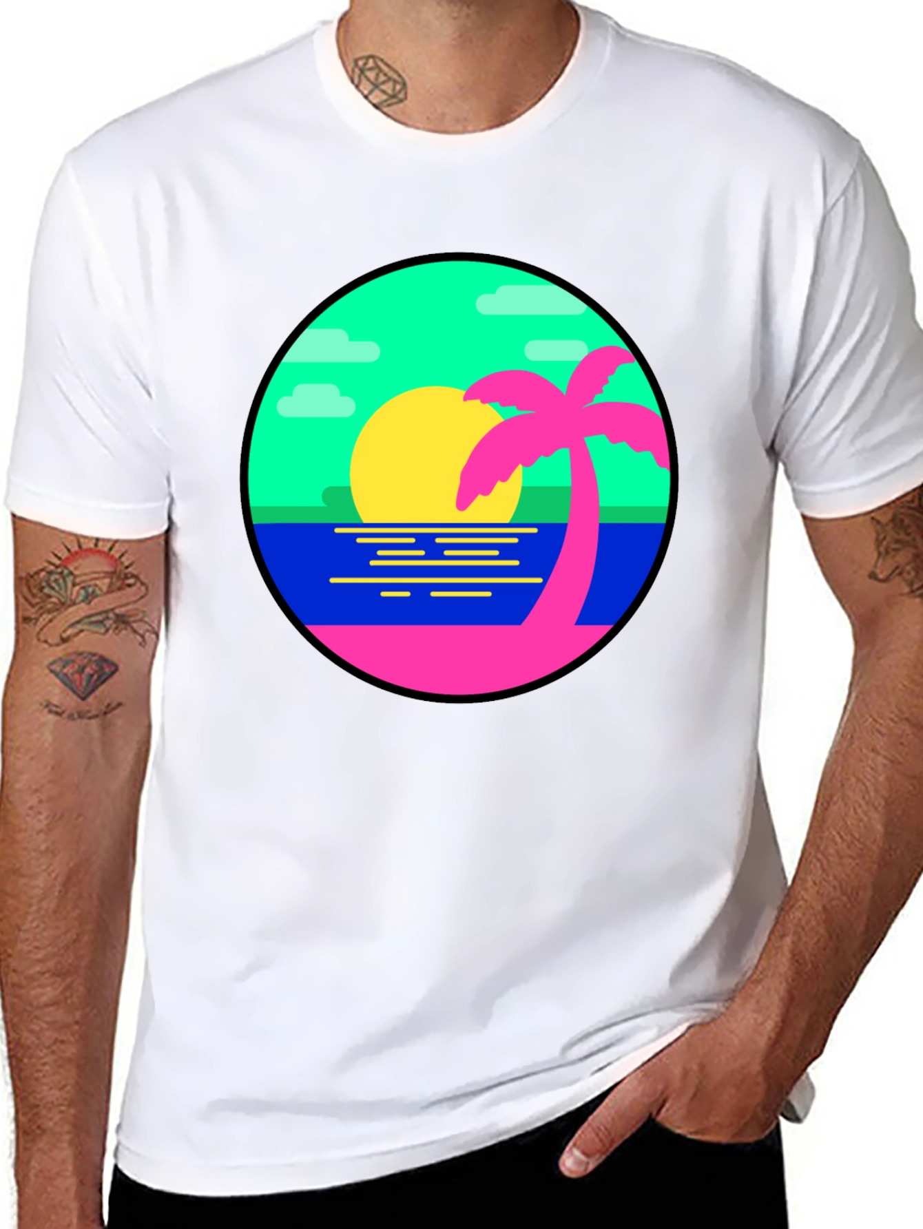 Retro Sunset Palm Tree Graphic Tee - Black