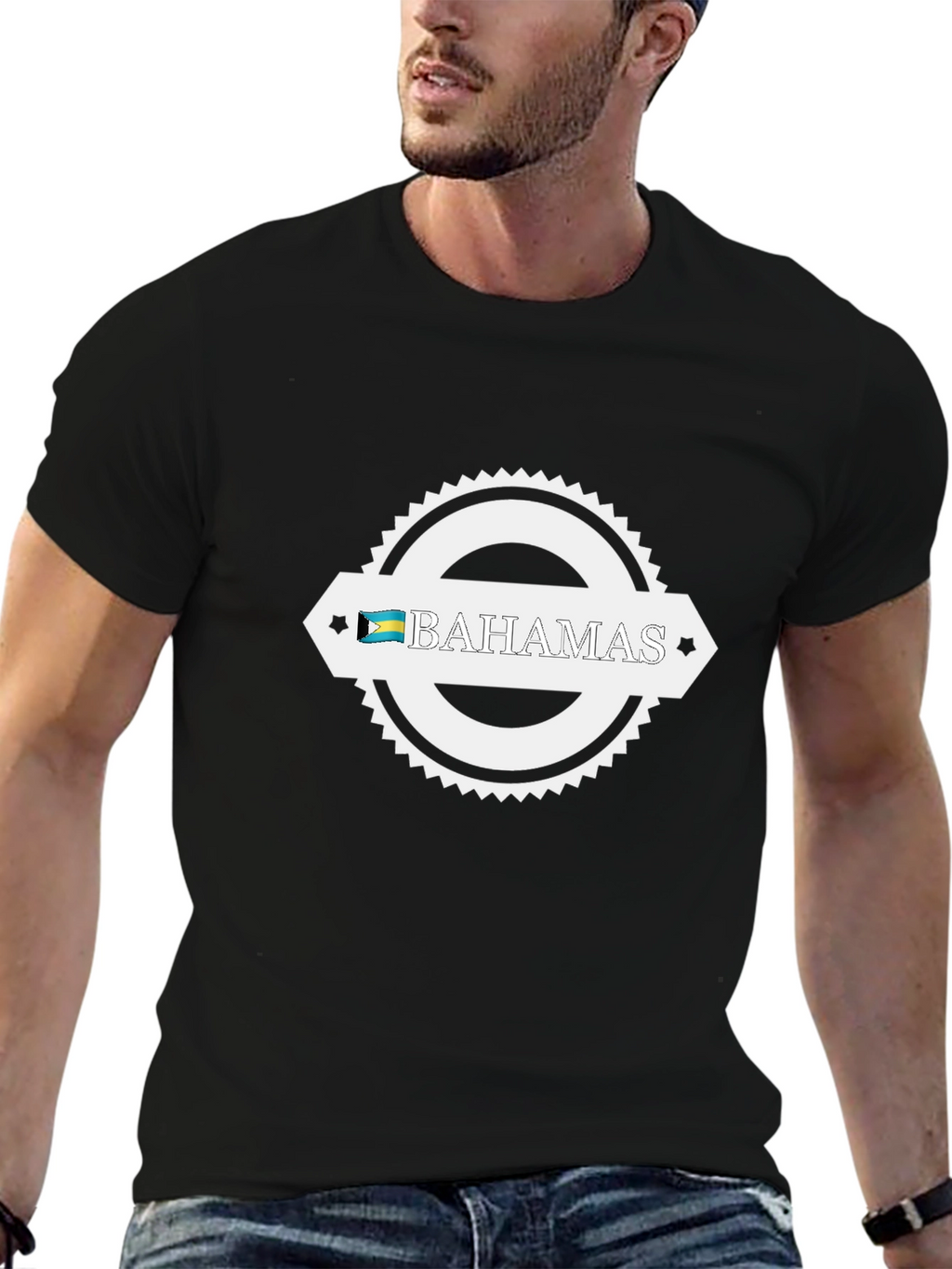 Bahamas Flag Graphic Tee - Black Crew Neck T-Shirt