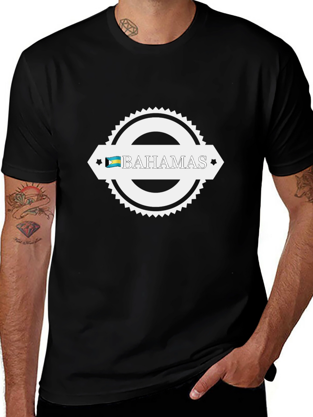 Bahamas Flag Graphic Tee - Black Crew Neck T-Shirt