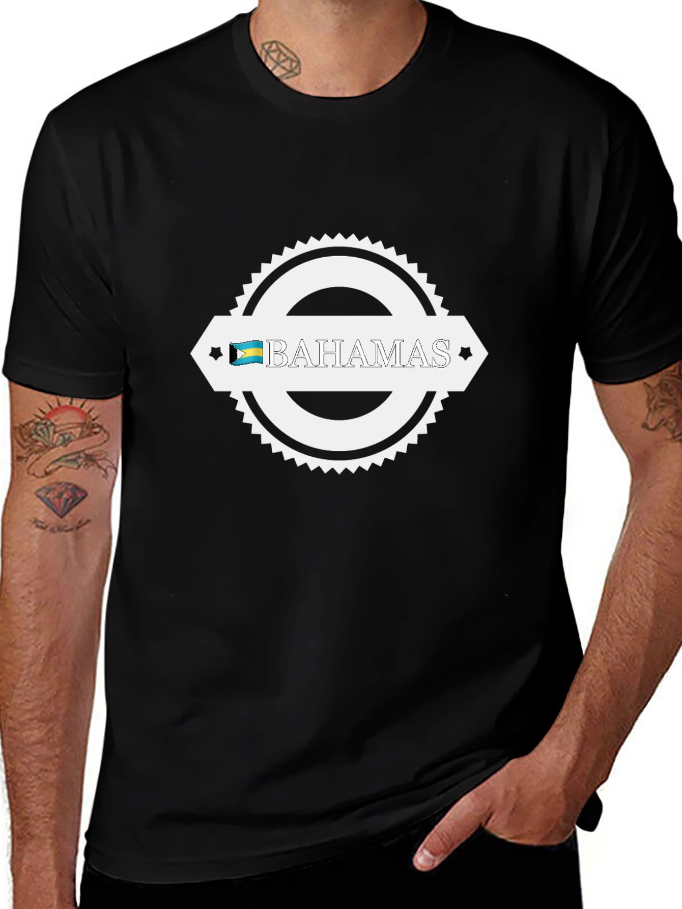 Bahamas Flag Graphic Tee - Black Crew Neck T-Shirt