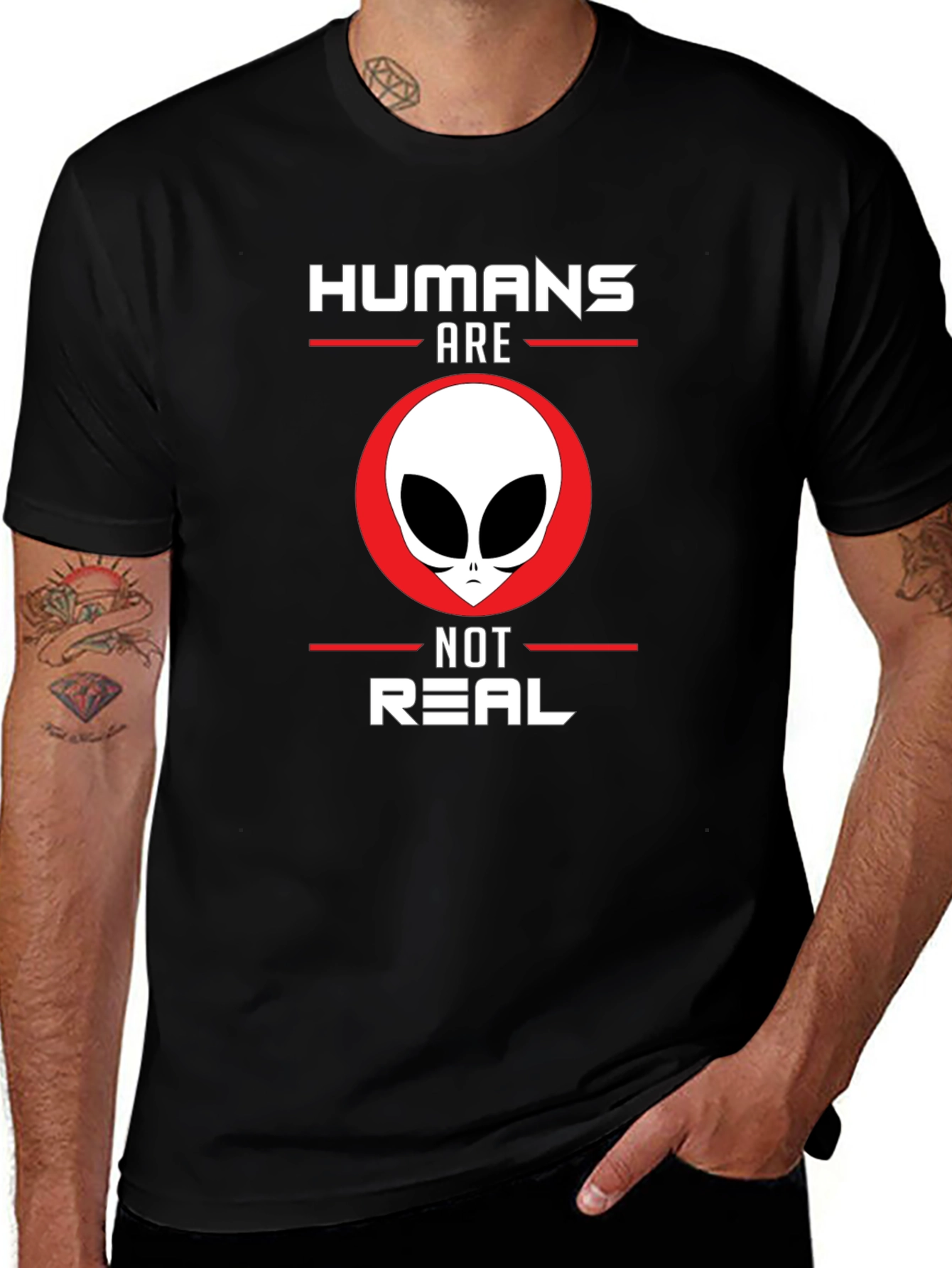 Humans Are Not Real Alien Graphic Tee - Black