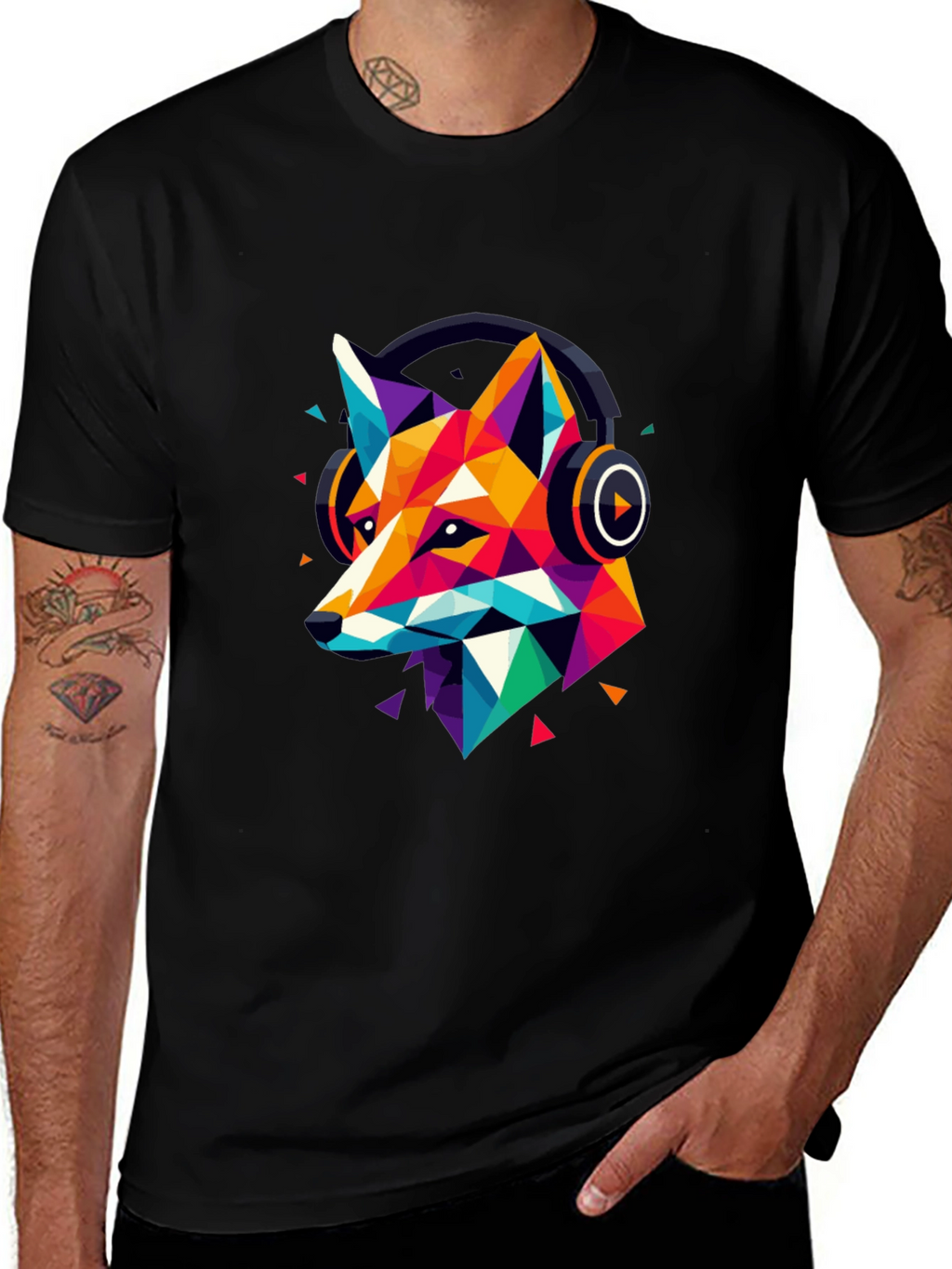 Geometric Fox Headphone Graphic T-Shirt