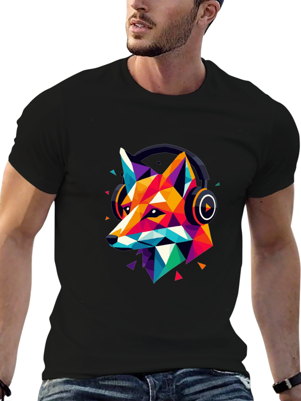 Geometric Fox Headphone Graphic T-Shirt