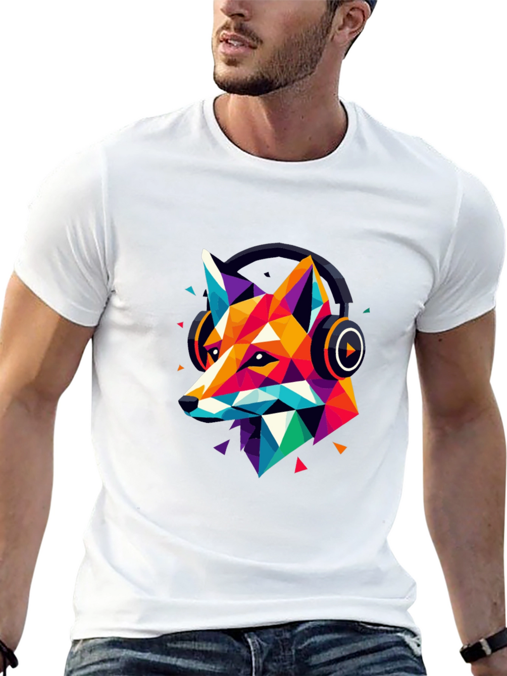 Geometric Fox Headphone Graphic T-Shirt