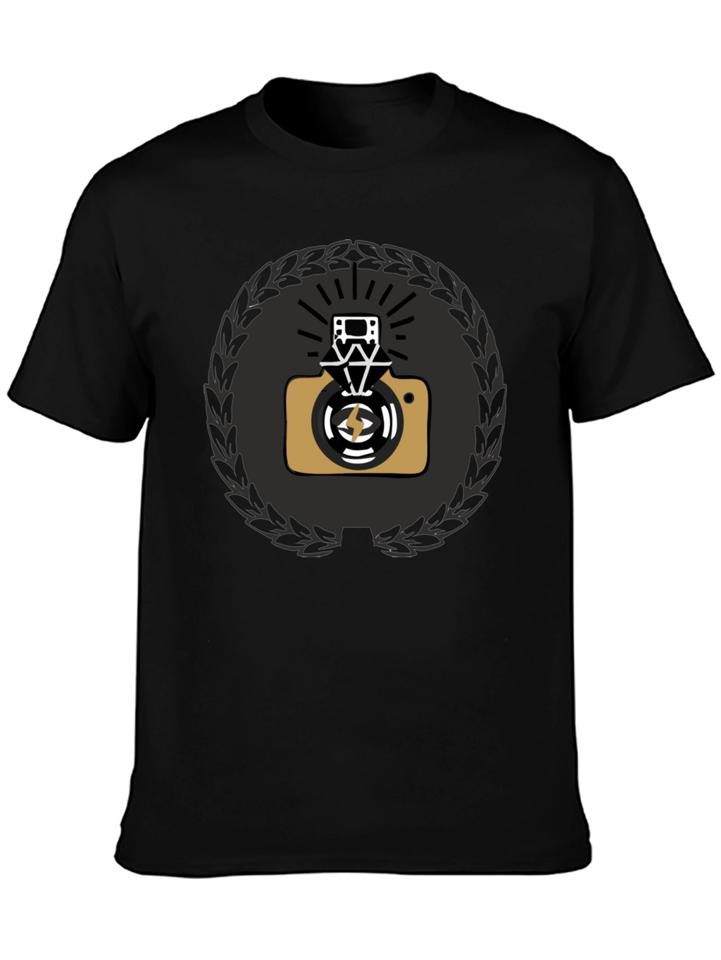 Black Graphic Tee with Camera & Film Reel Design