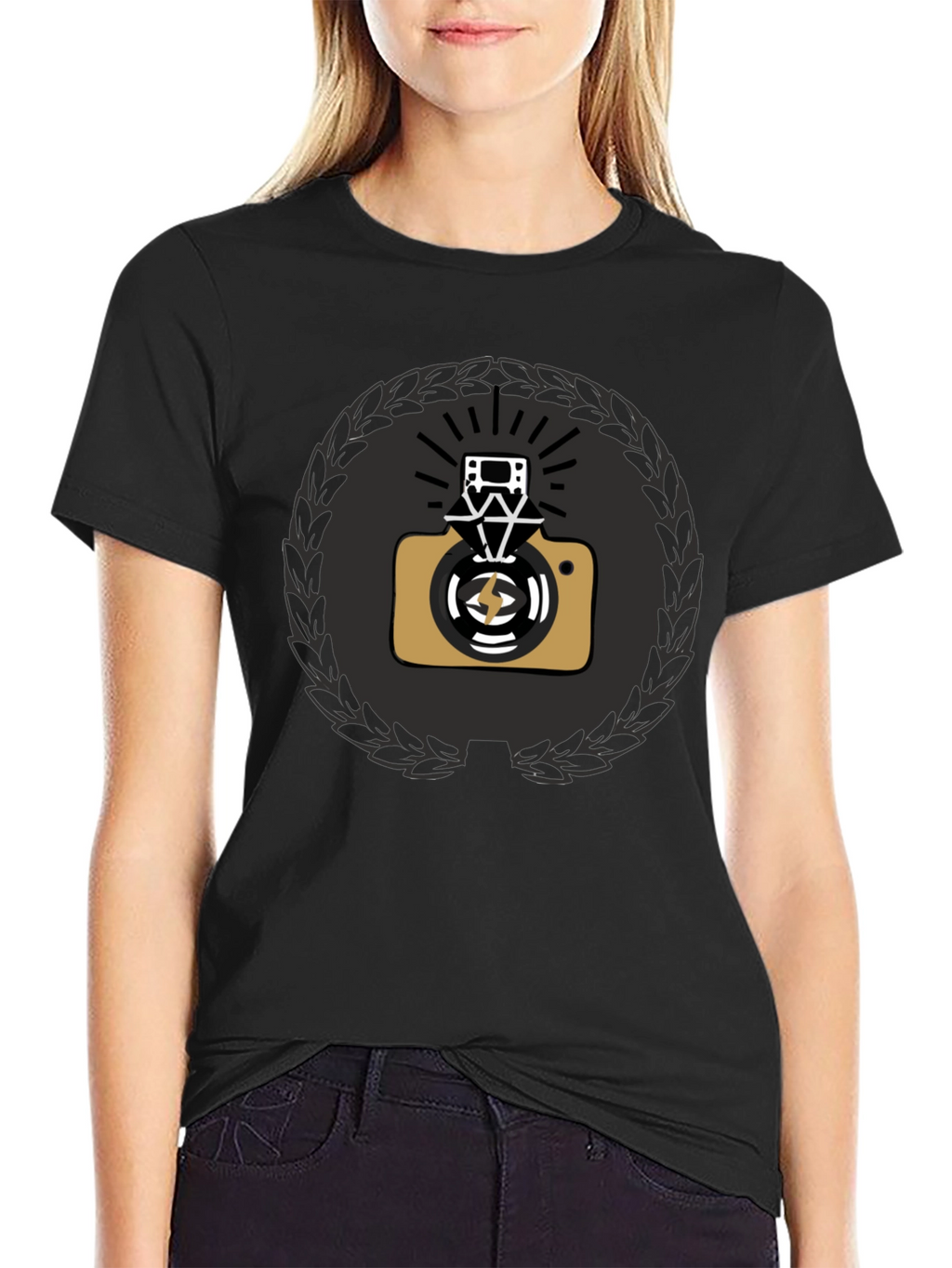 Black Graphic Tee with Camera & Film Reel Design