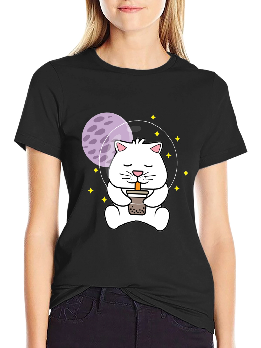 Astronaut Cat Boba Tea Graphic T-Shirt