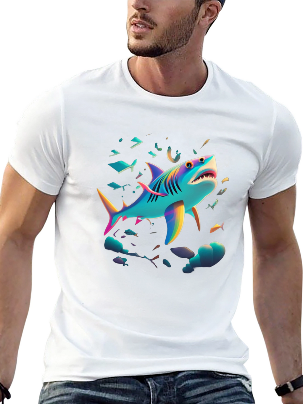 Vibrant Shark Graphic Tee - Black Cotton Blend