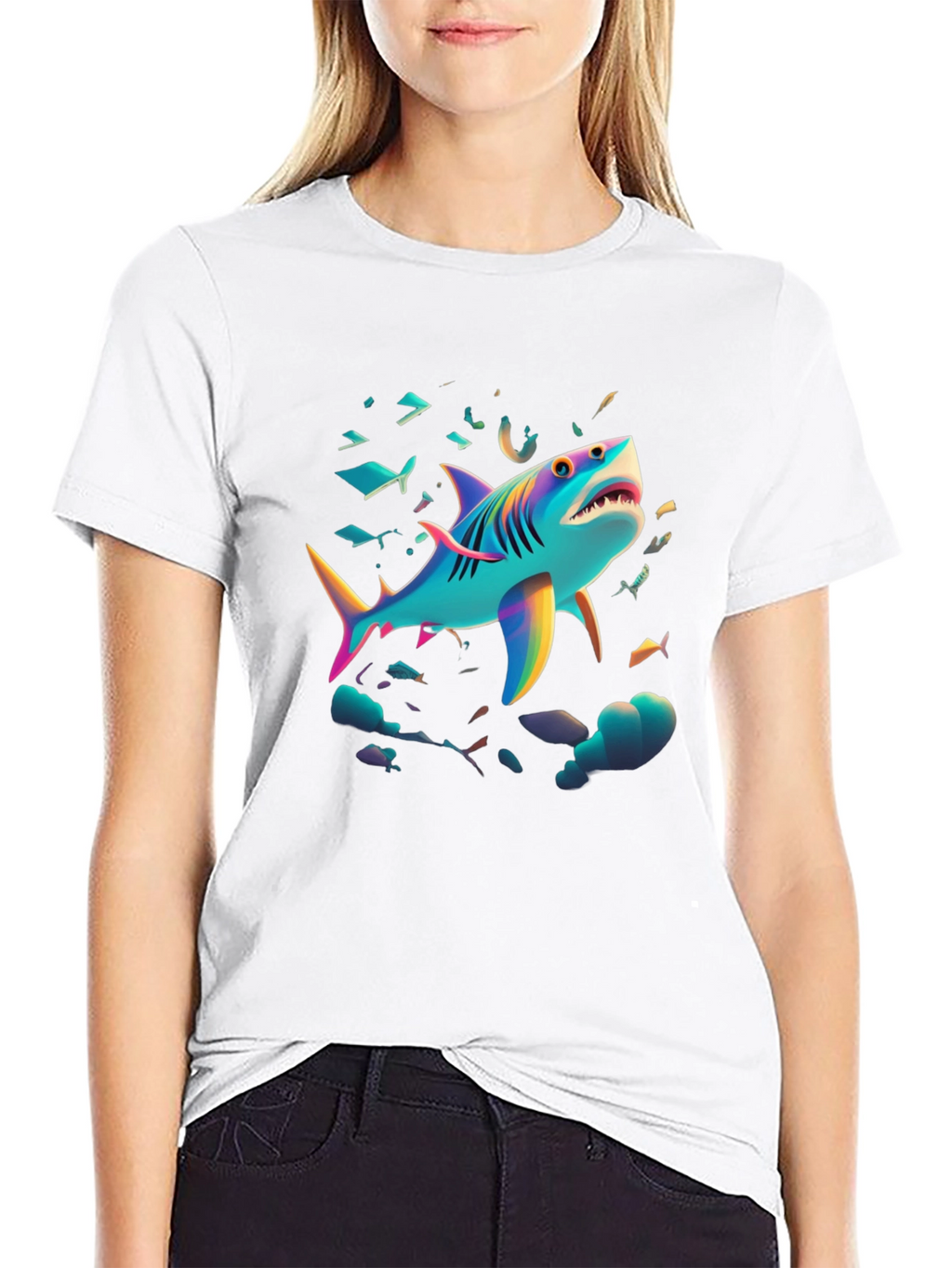 Vibrant Shark Graphic Tee - Black Cotton Blend