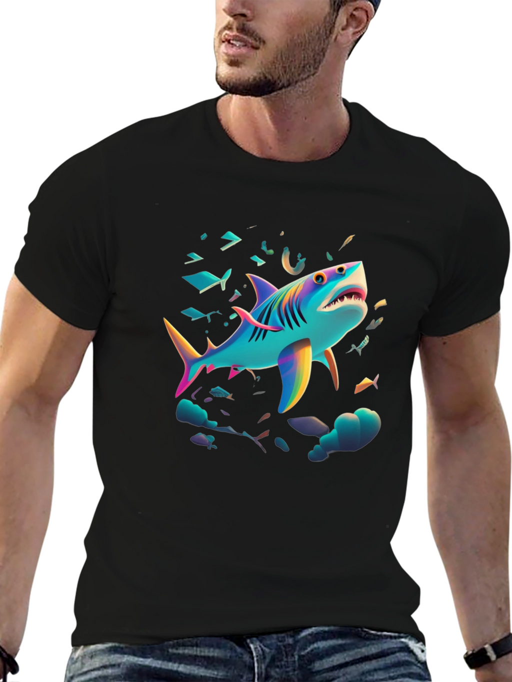 Vibrant Shark Graphic Tee - Black Cotton Blend