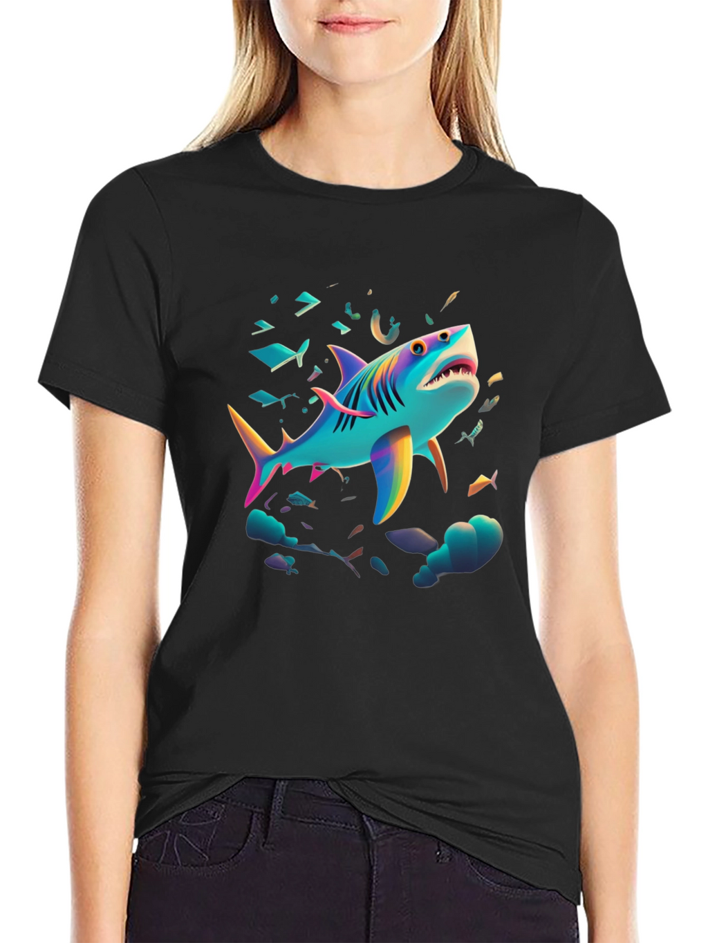 Vibrant Shark Graphic Tee - Black Cotton Blend