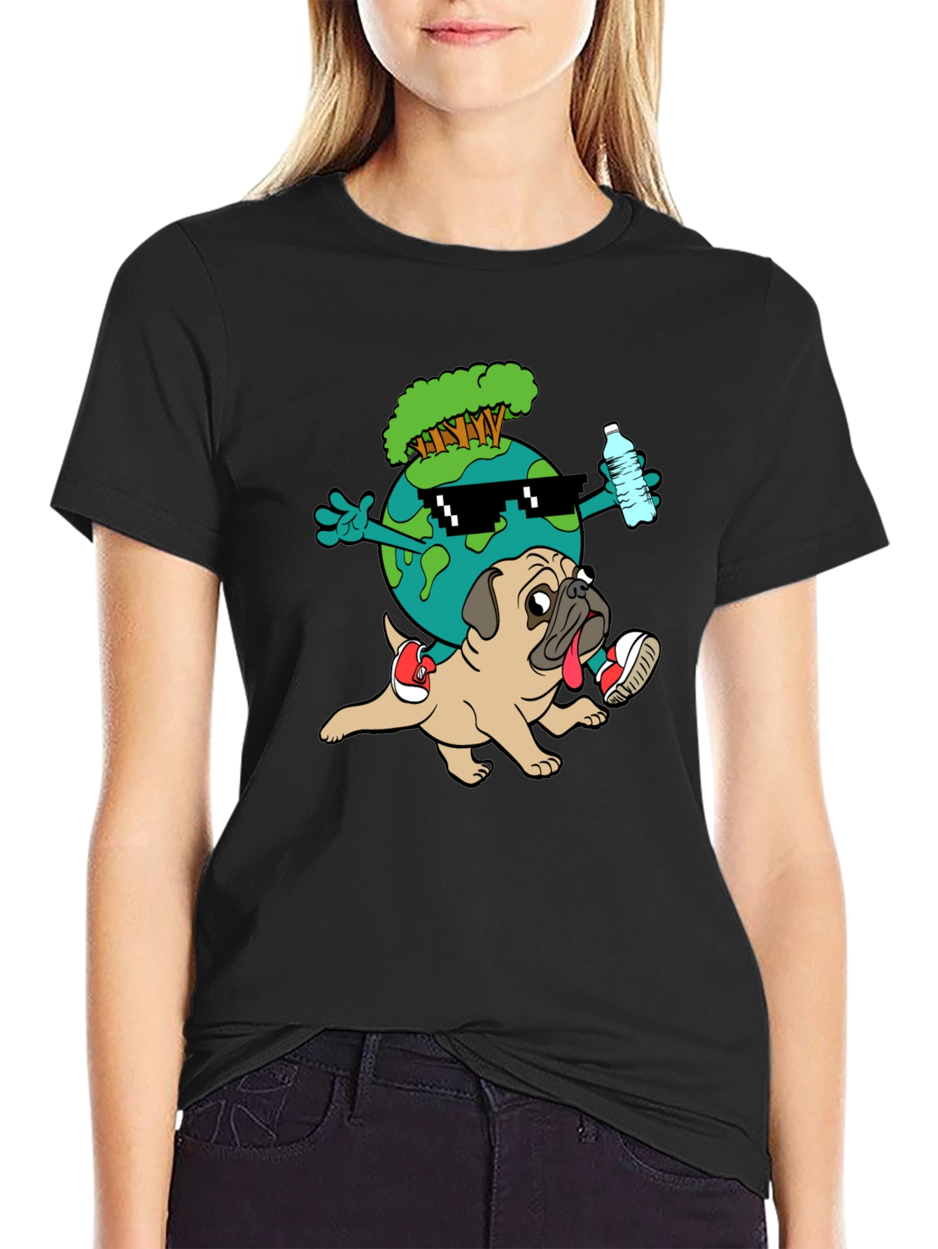 Cool Earth Pug Graphic Tee - Black