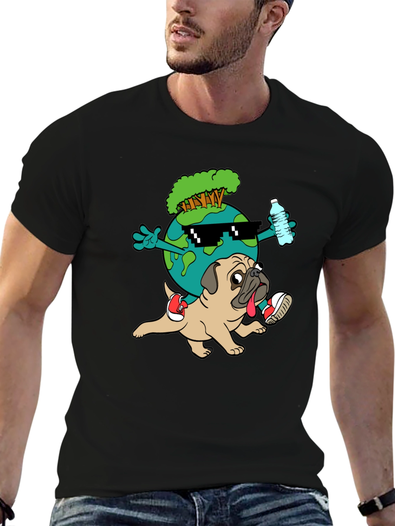 Cool Earth Pug Graphic Tee - Black