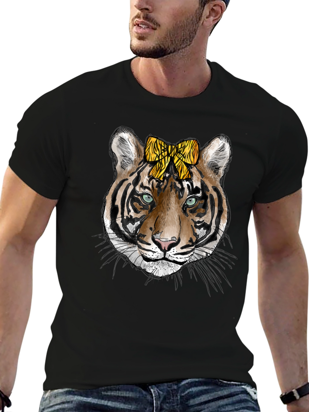 Tiger Face Graphic Print Mens Black T-Shirt
