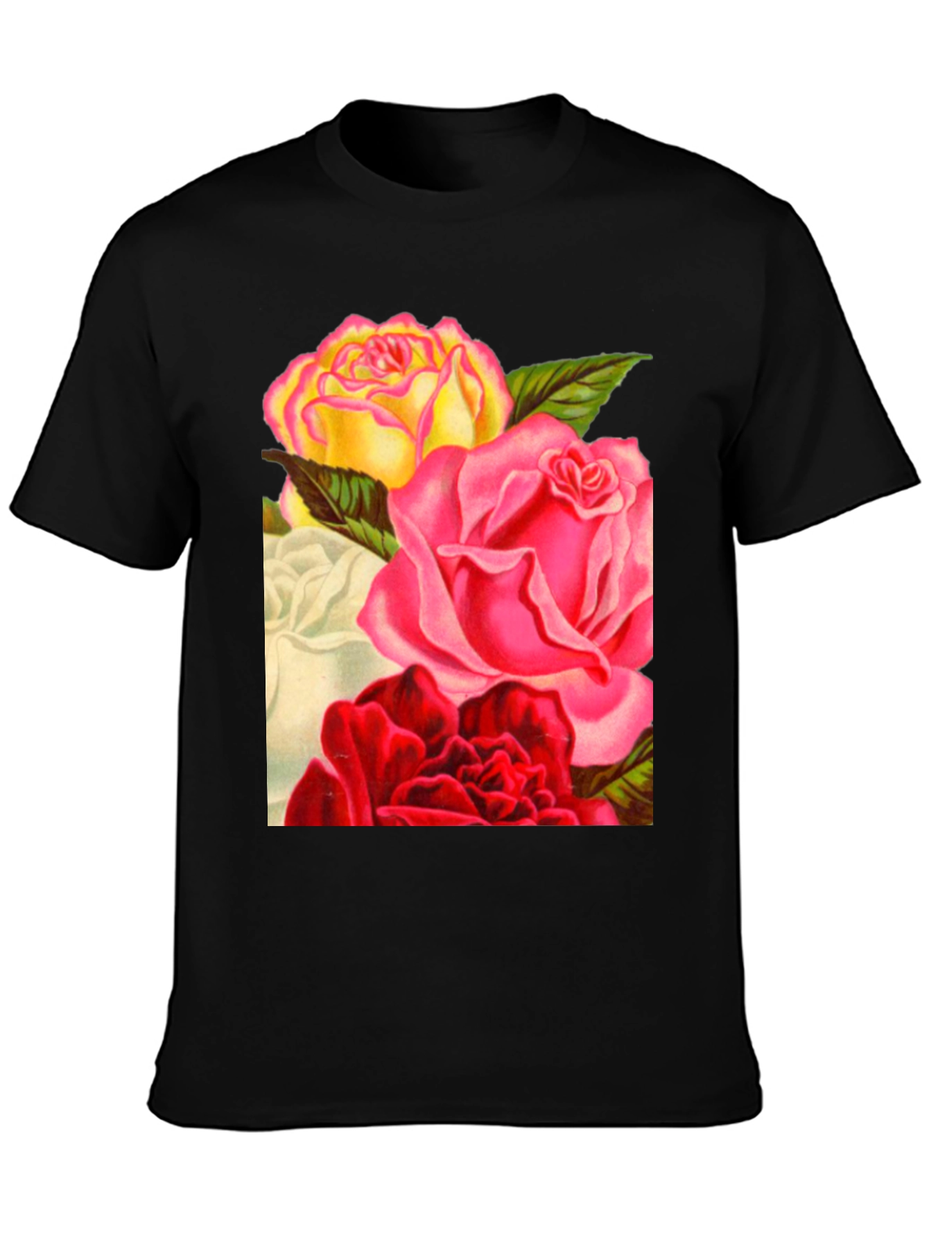 Floral Roses Graphic Tee - Black Casual T-Shirt