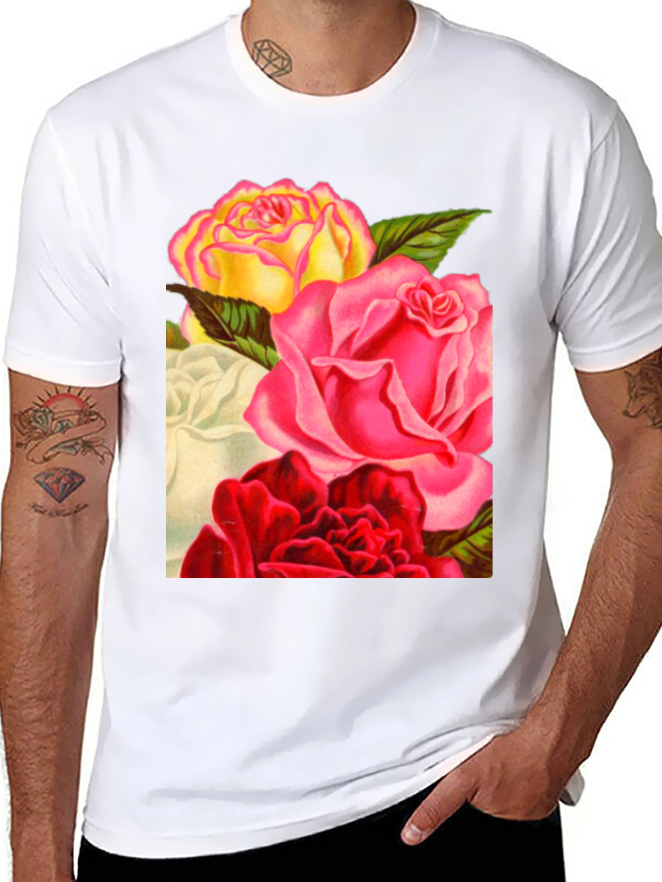 Floral Roses Graphic Tee - Black Casual T-Shirt