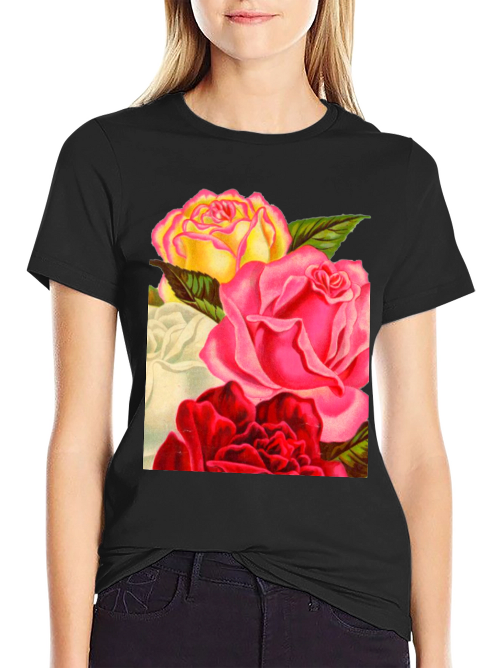 Floral Roses Graphic Tee - Black Casual T-Shirt