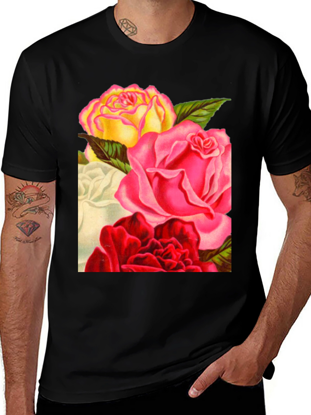 Floral Roses Graphic Tee - Black Casual T-Shirt