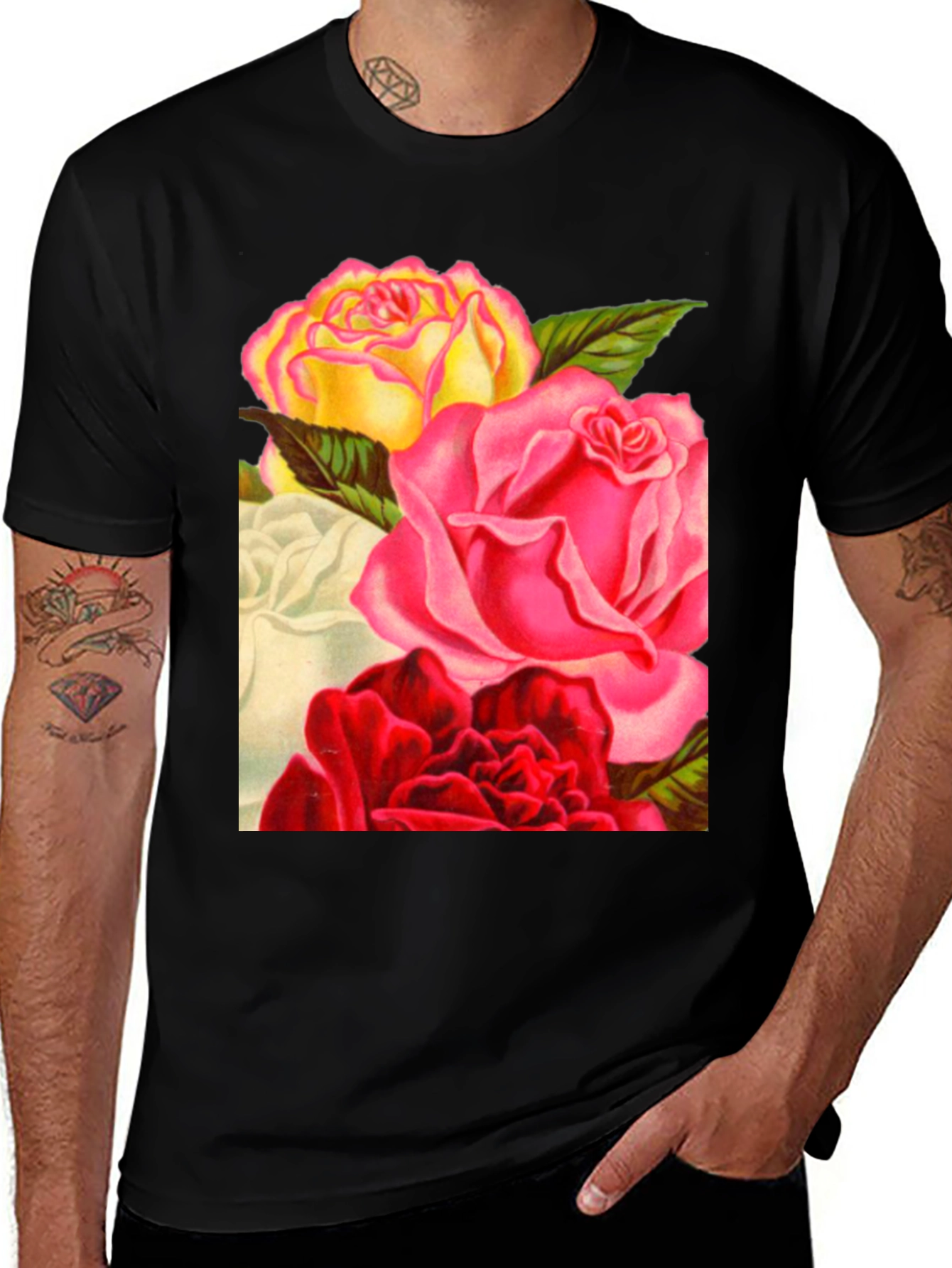 Floral Roses Graphic Tee - Black Casual T-Shirt