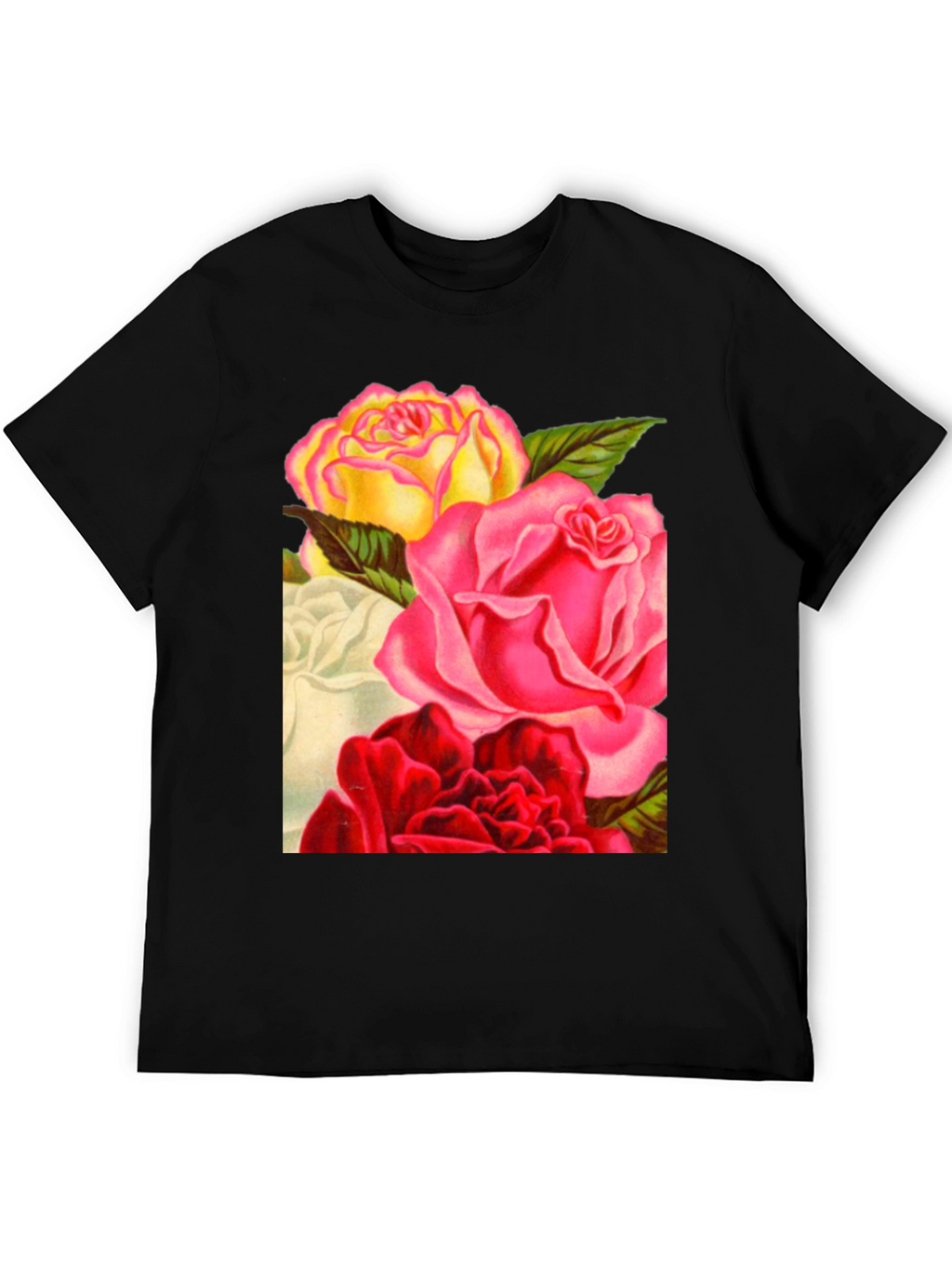 Floral Roses Graphic Tee - Black Casual T-Shirt