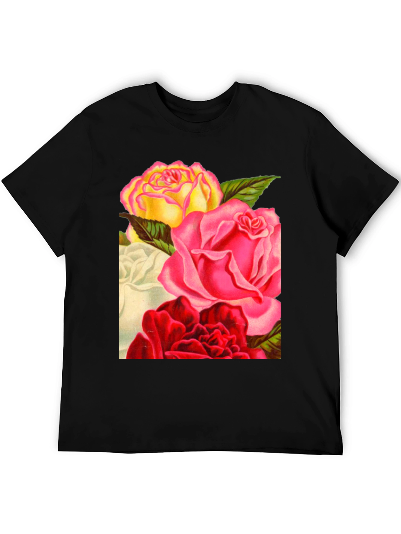Floral Roses Graphic Tee - Black Casual T-Shirt
