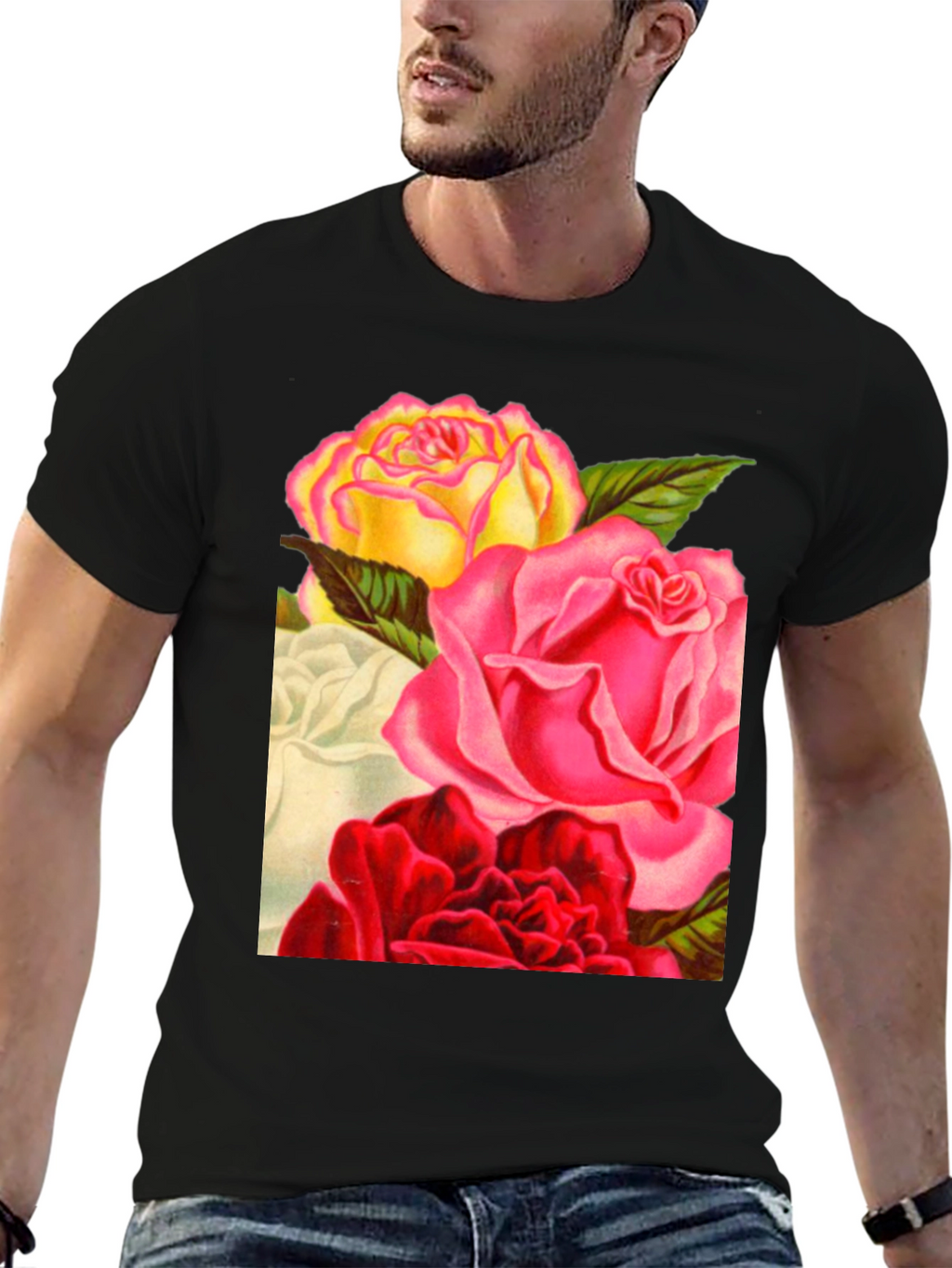 Floral Roses Graphic Tee - Black Casual T-Shirt