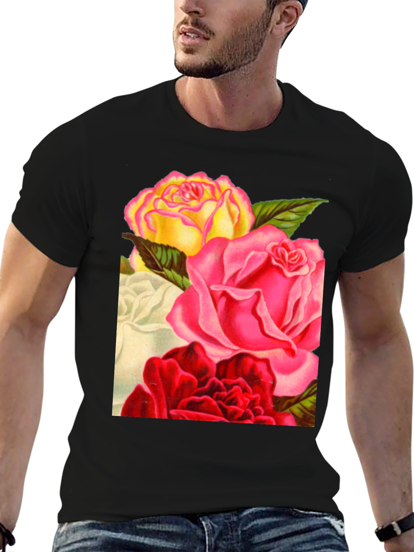 Floral Roses Graphic Tee - Black Casual T-Shirt