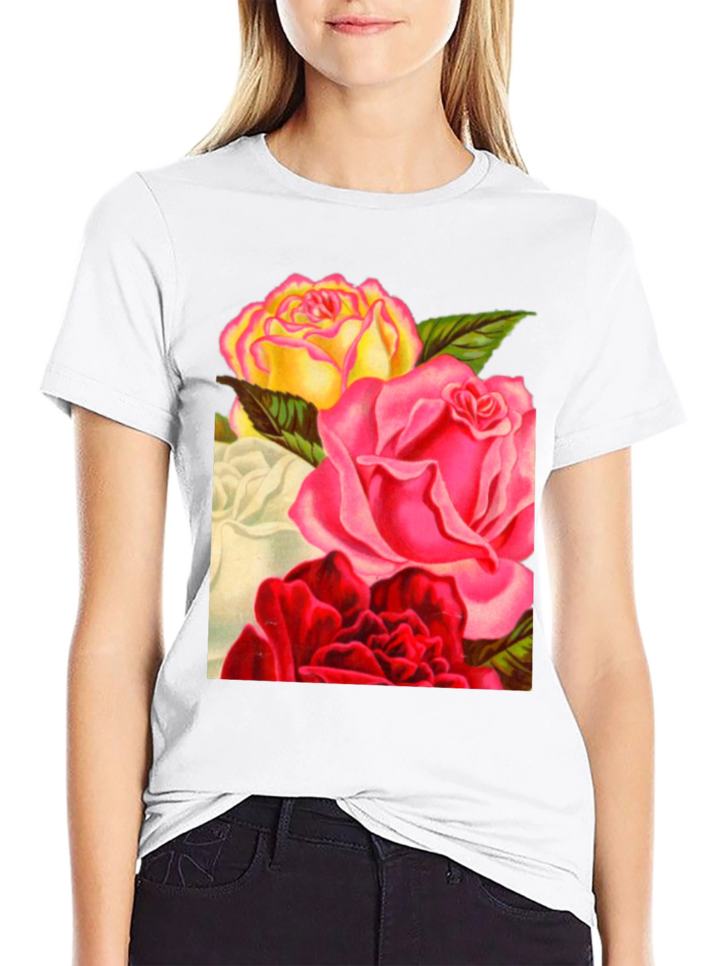 Floral Roses Graphic Tee - Black Casual T-Shirt