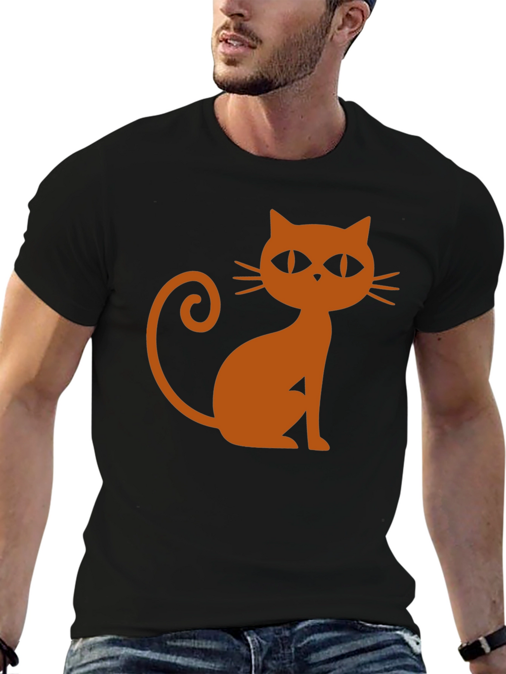 Black T-Shirt with Halloween Cat Graphic