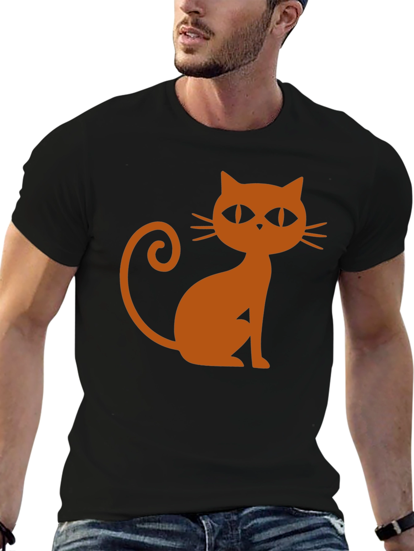 Black T-Shirt with Halloween Cat Graphic
