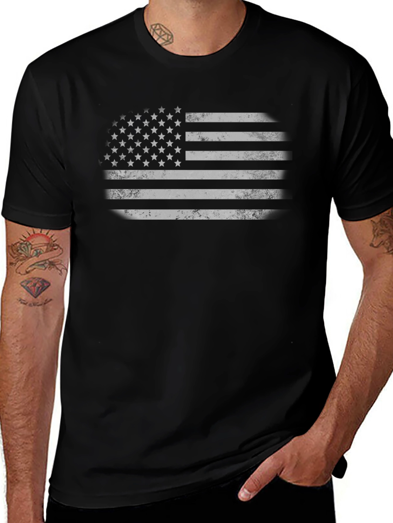 Distressed American Flag Graphic Tee - Black