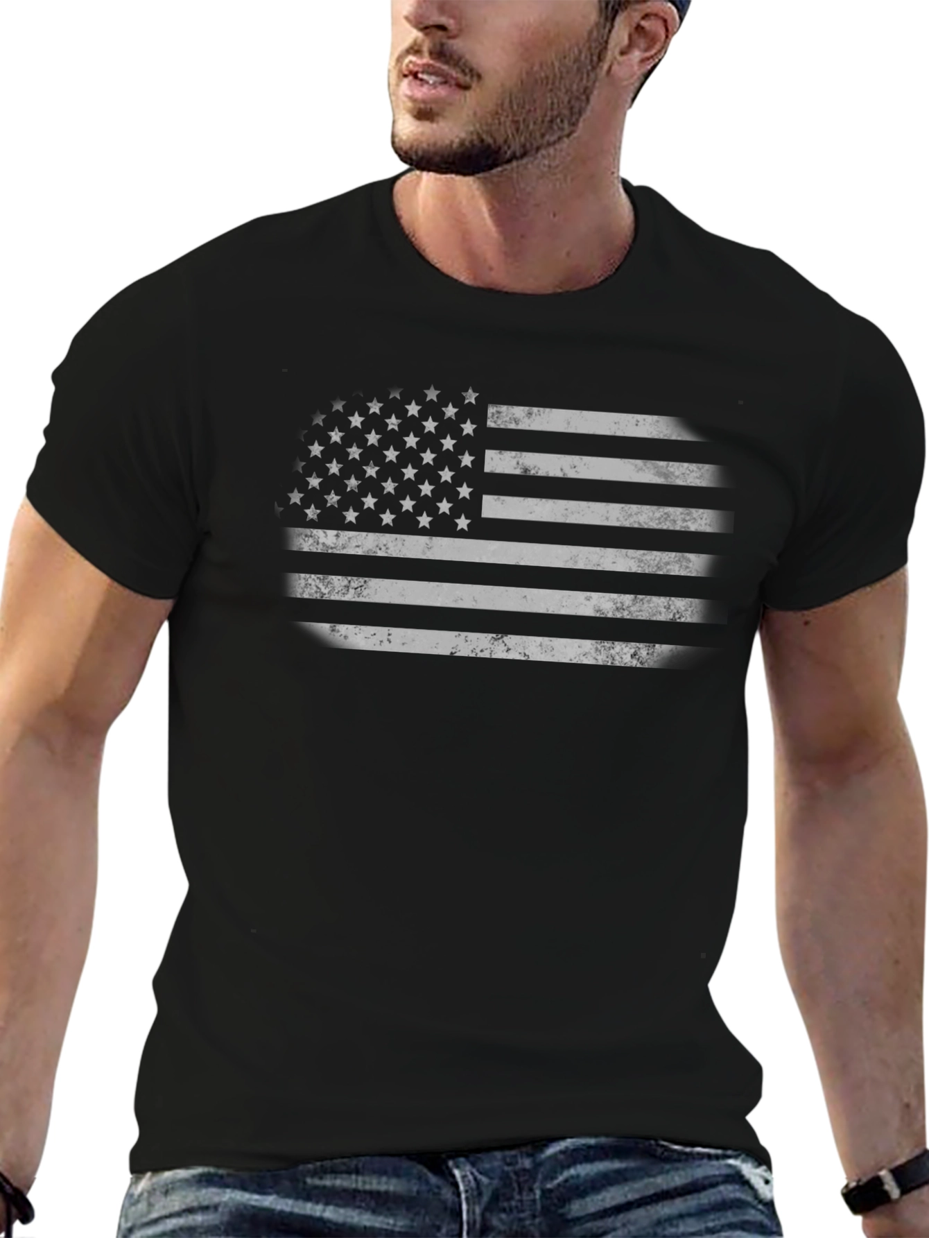 Distressed American Flag Graphic Tee - Black