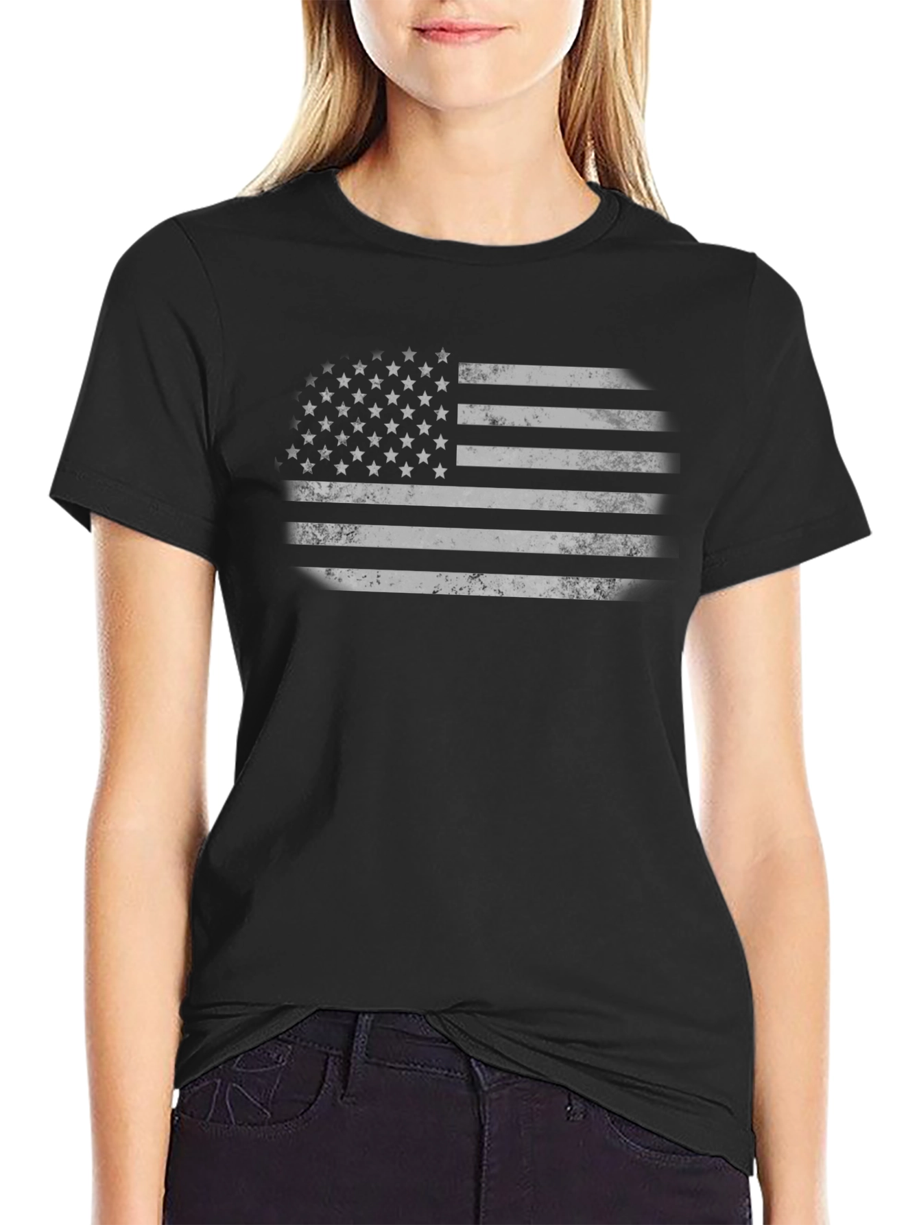 Distressed American Flag Graphic Tee - Black