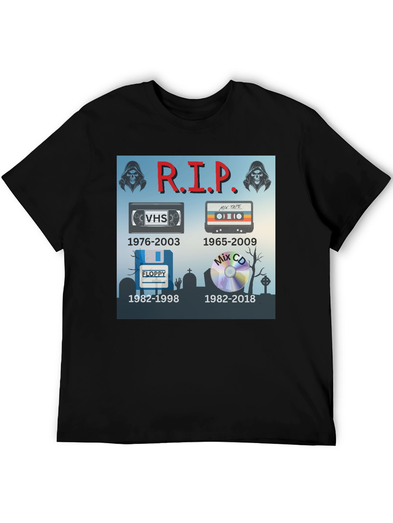 R.I.P. Tech T-Shirt: VHS Floppy Disk Cassette CD