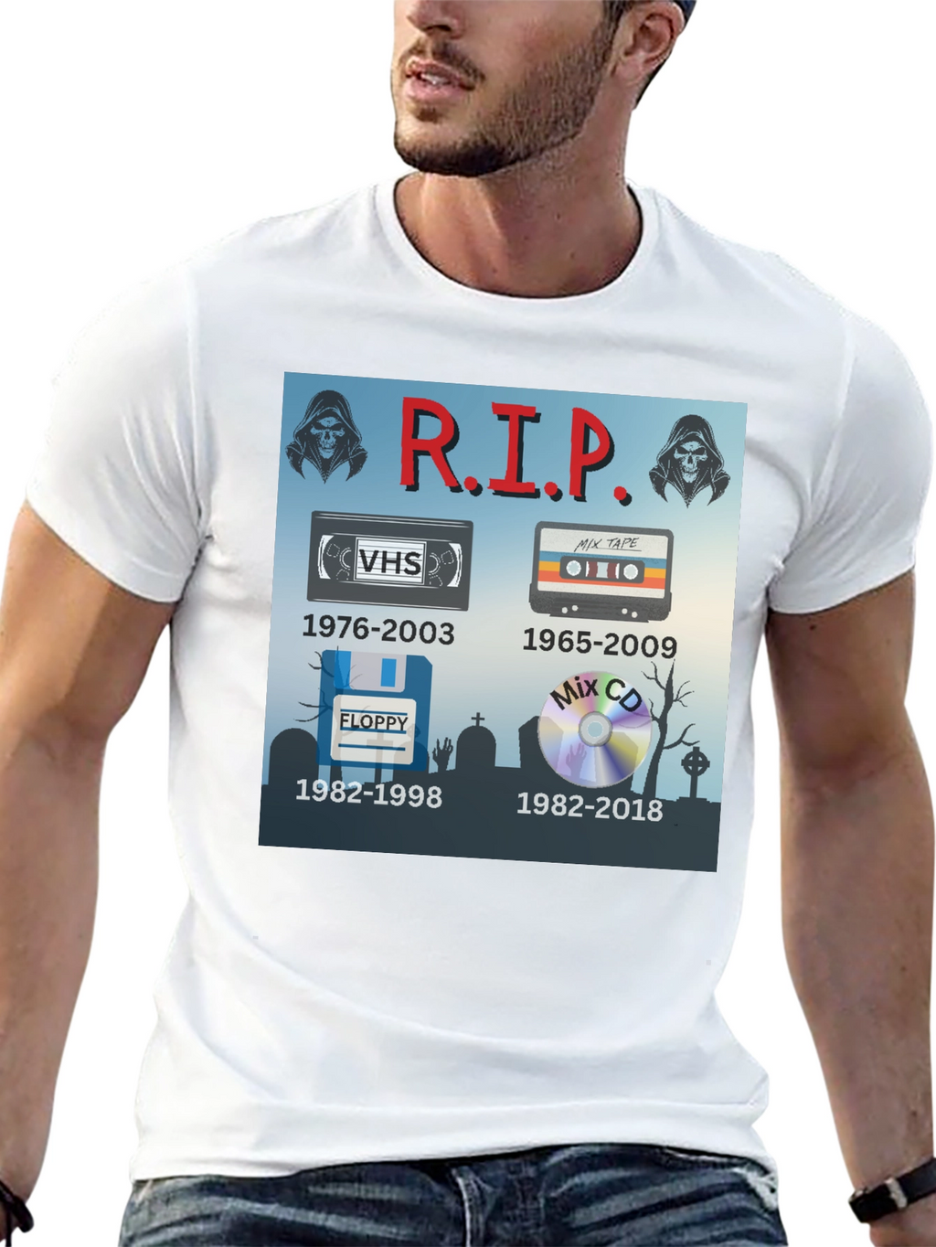 R.I.P. Tech T-Shirt: VHS Floppy Disk Cassette CD
