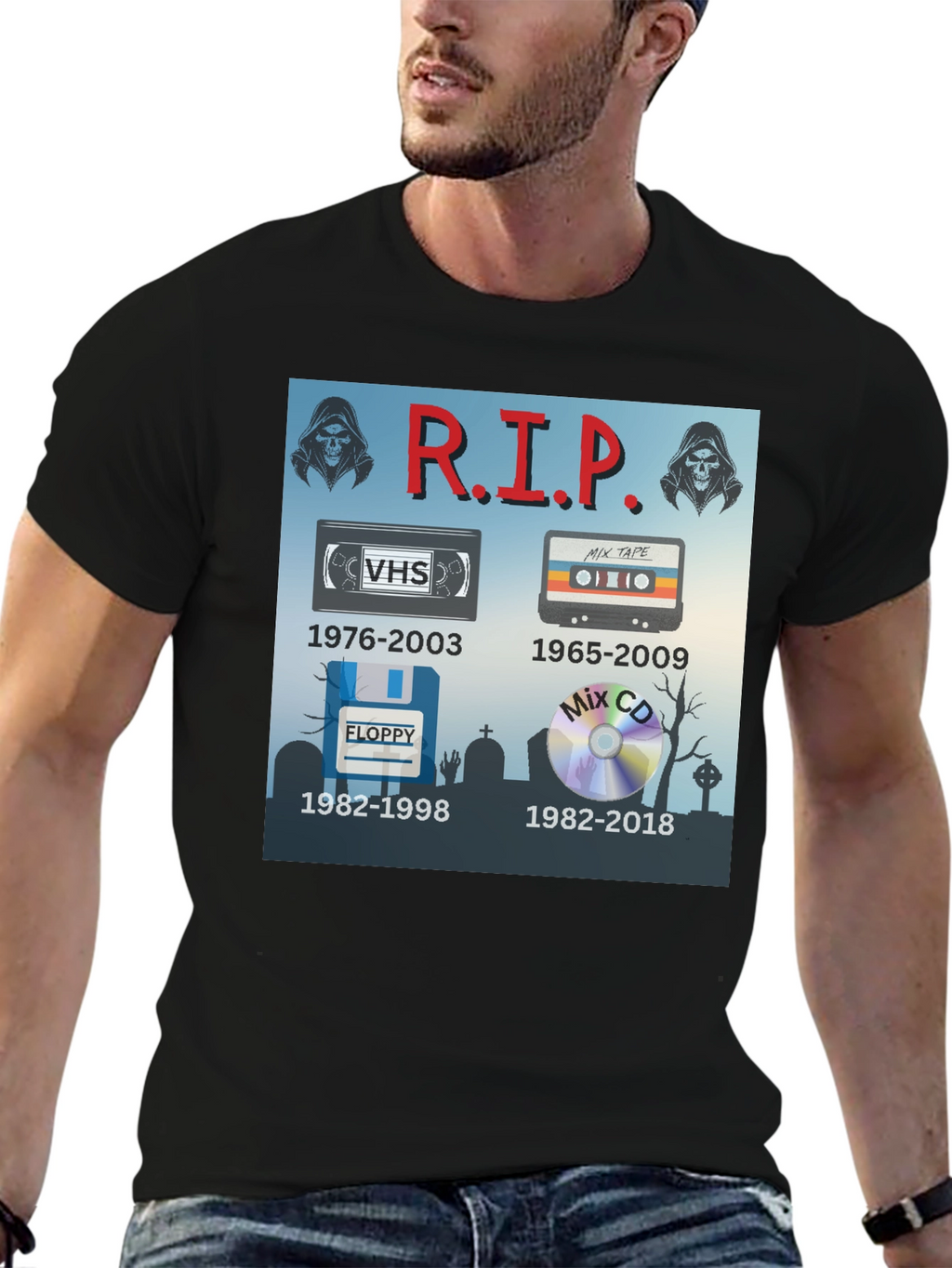 R.I.P. Tech T-Shirt: VHS Floppy Disk Cassette CD