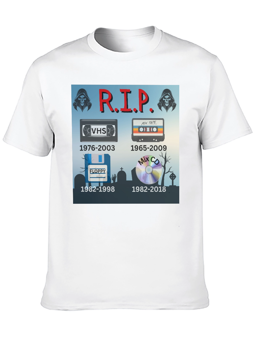 R.I.P. Tech T-Shirt: VHS Floppy Disk Cassette CD