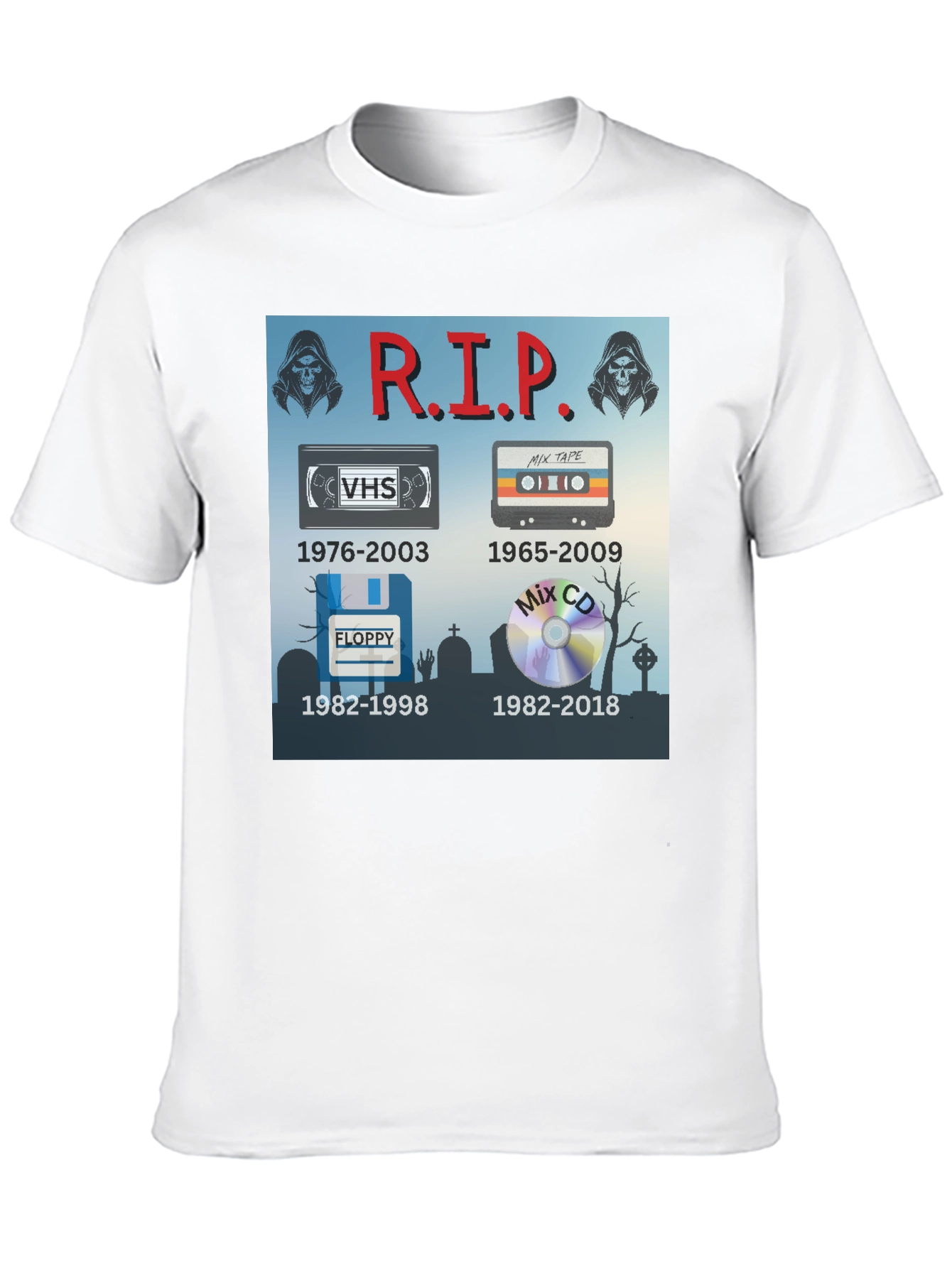 R.I.P. Tech T-Shirt: VHS Floppy Disk Cassette CD