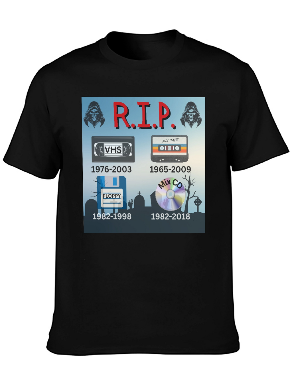 R.I.P. Tech T-Shirt: VHS Floppy Disk Cassette CD