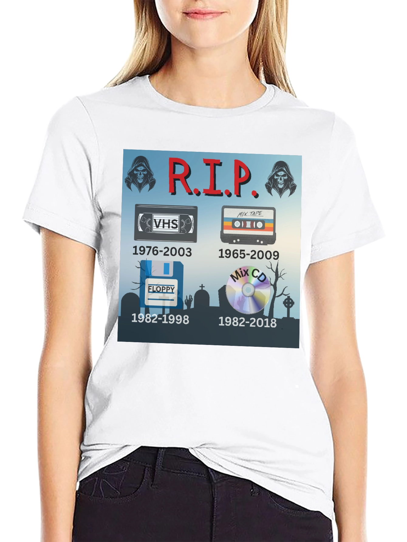 R.I.P. Tech T-Shirt: VHS Floppy Disk Cassette CD
