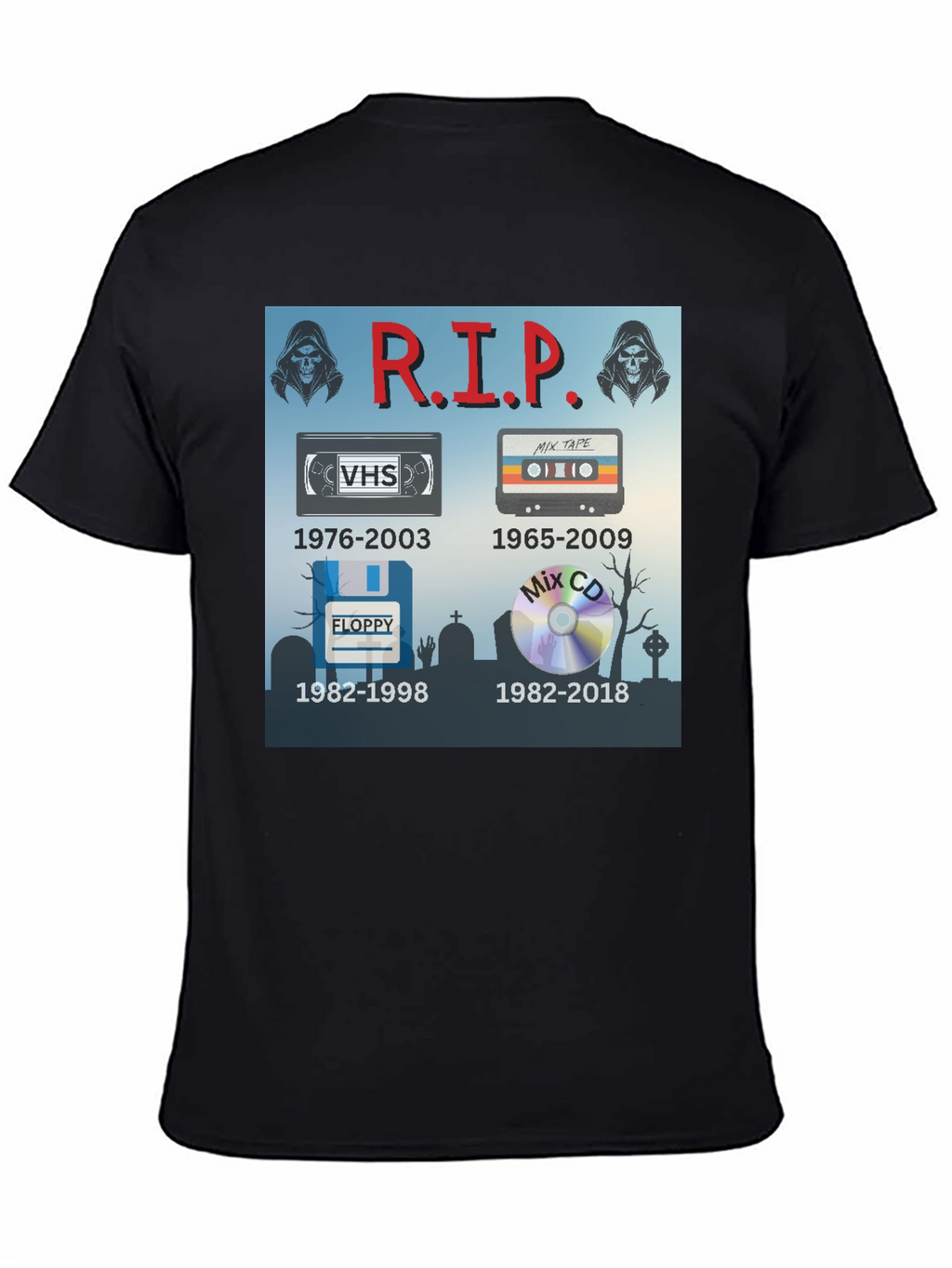 R.I.P. Tech T-Shirt: VHS Floppy Disk Cassette CD