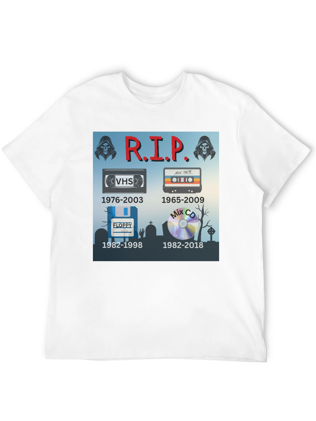 R.I.P. Tech T-Shirt: VHS Floppy Disk Cassette CD