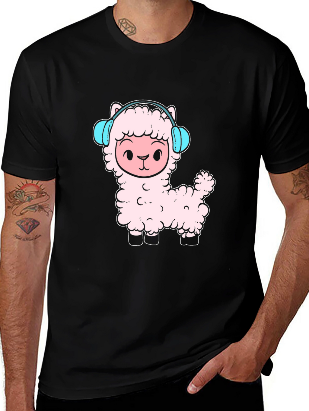 Llama Headphones Black T-Shirt