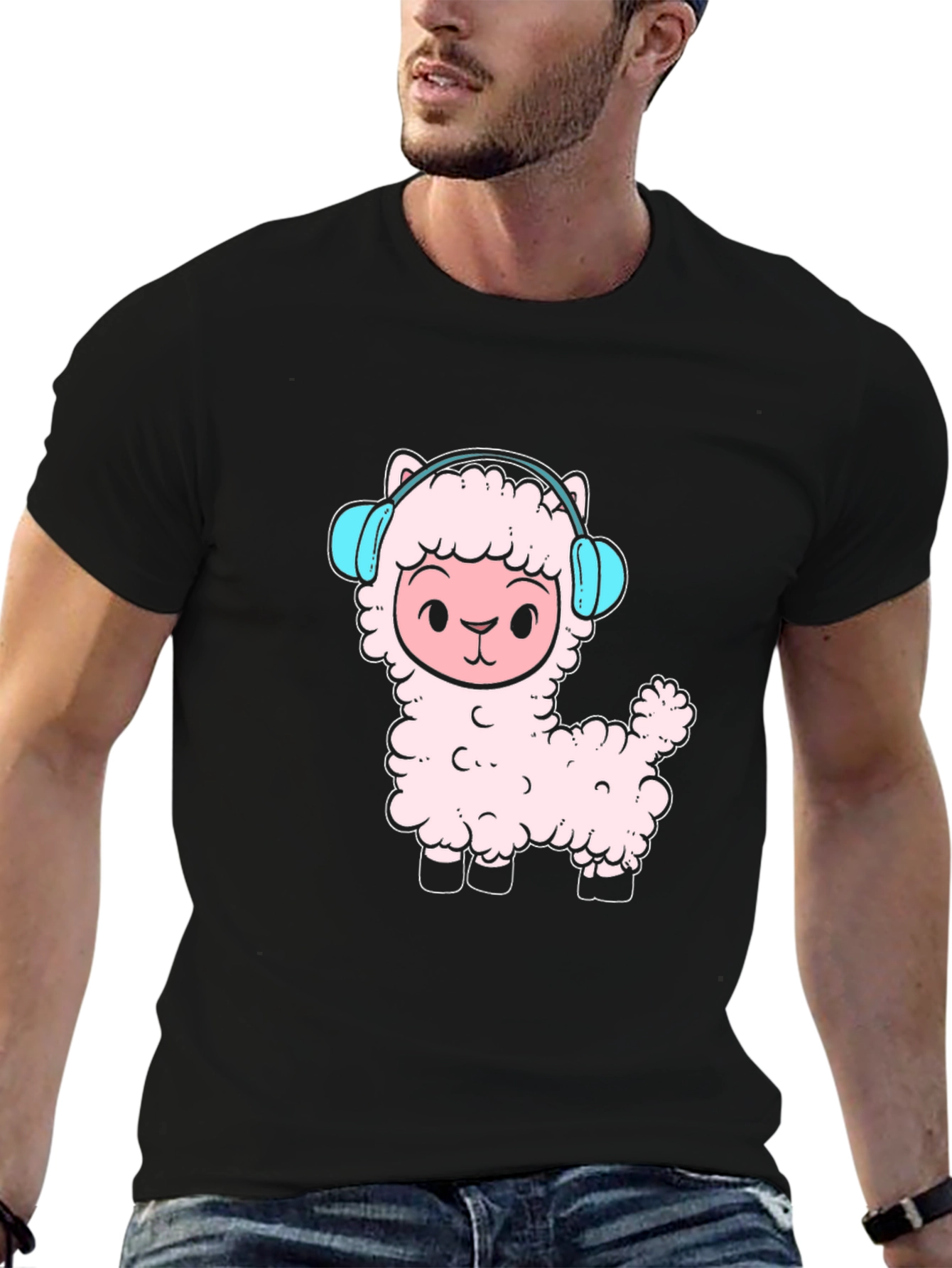 Llama Headphones Black T-Shirt